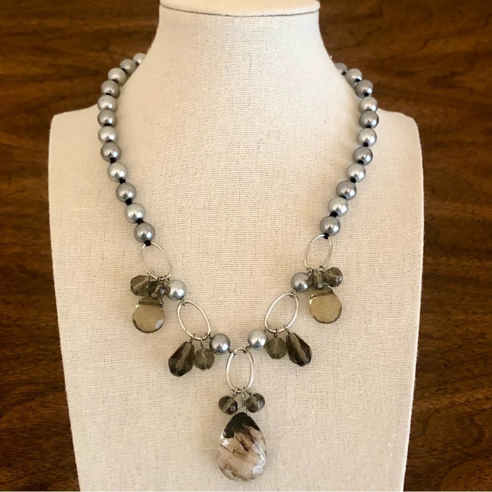 Cookie Lee | Faux Pearl and Quartz Pendant Necklace | 15” Adjustable